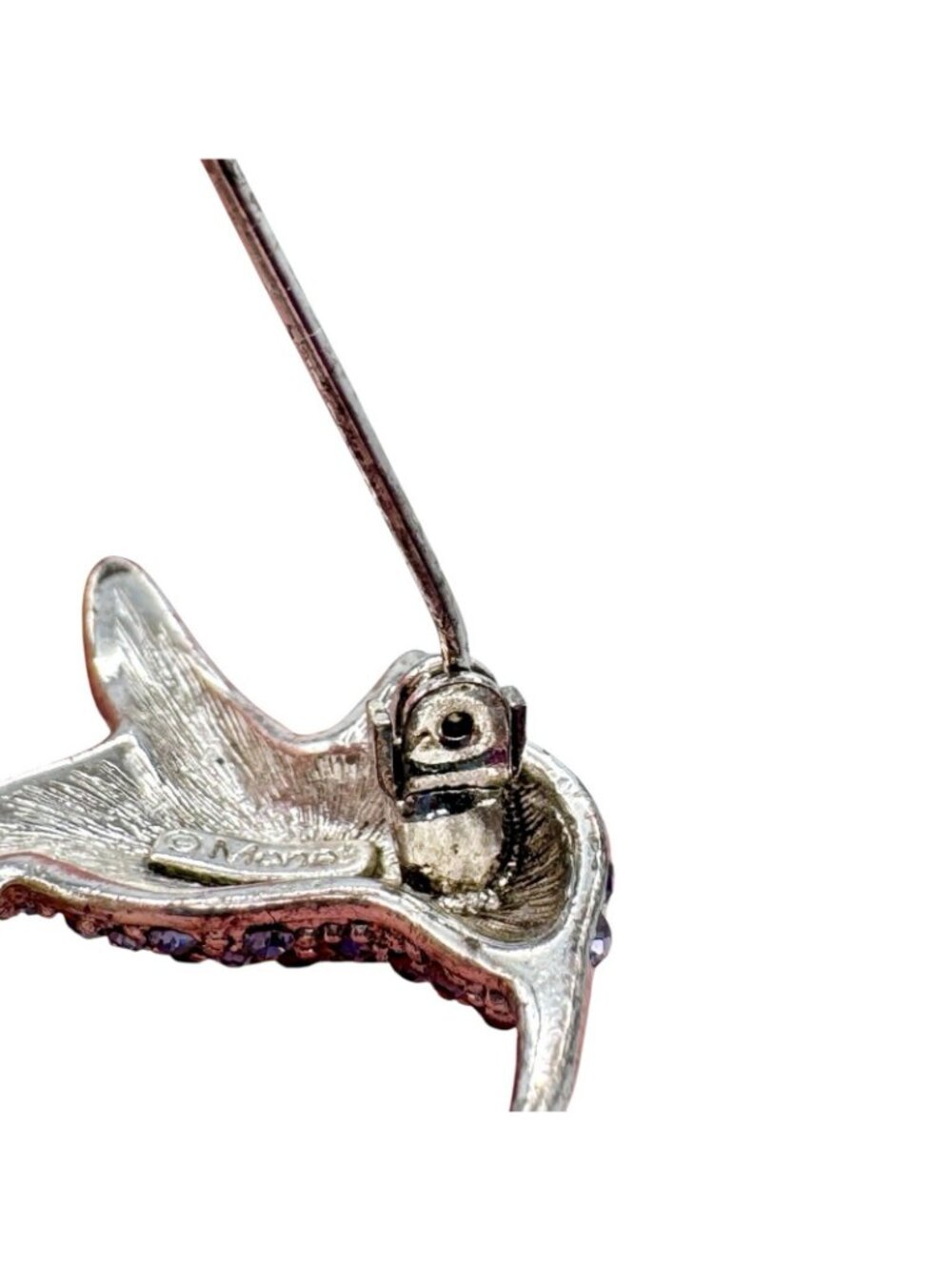 Monet Hummingbird Brooch Pin Silver Tone Pave Purple Blue Green Rhinestones 1" - Picture 11 of 16